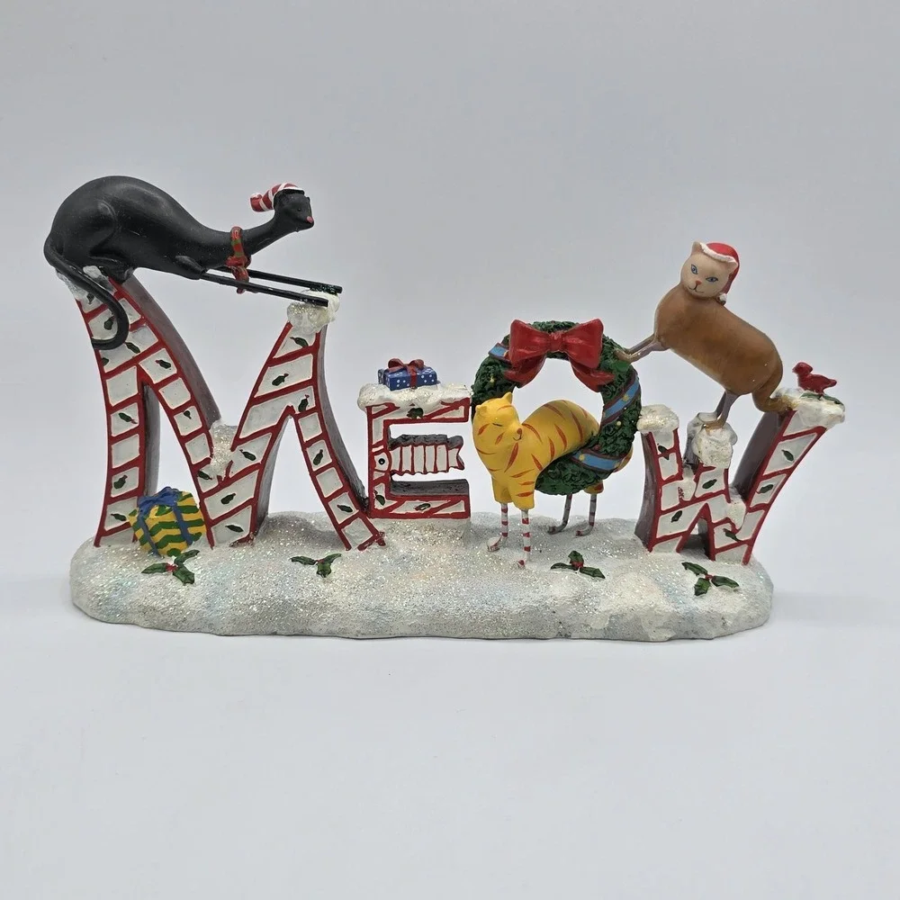 Whimsical Christmas 7.5 in Meow Cat Kittens Shelf‎ Sitter Figurine Sign